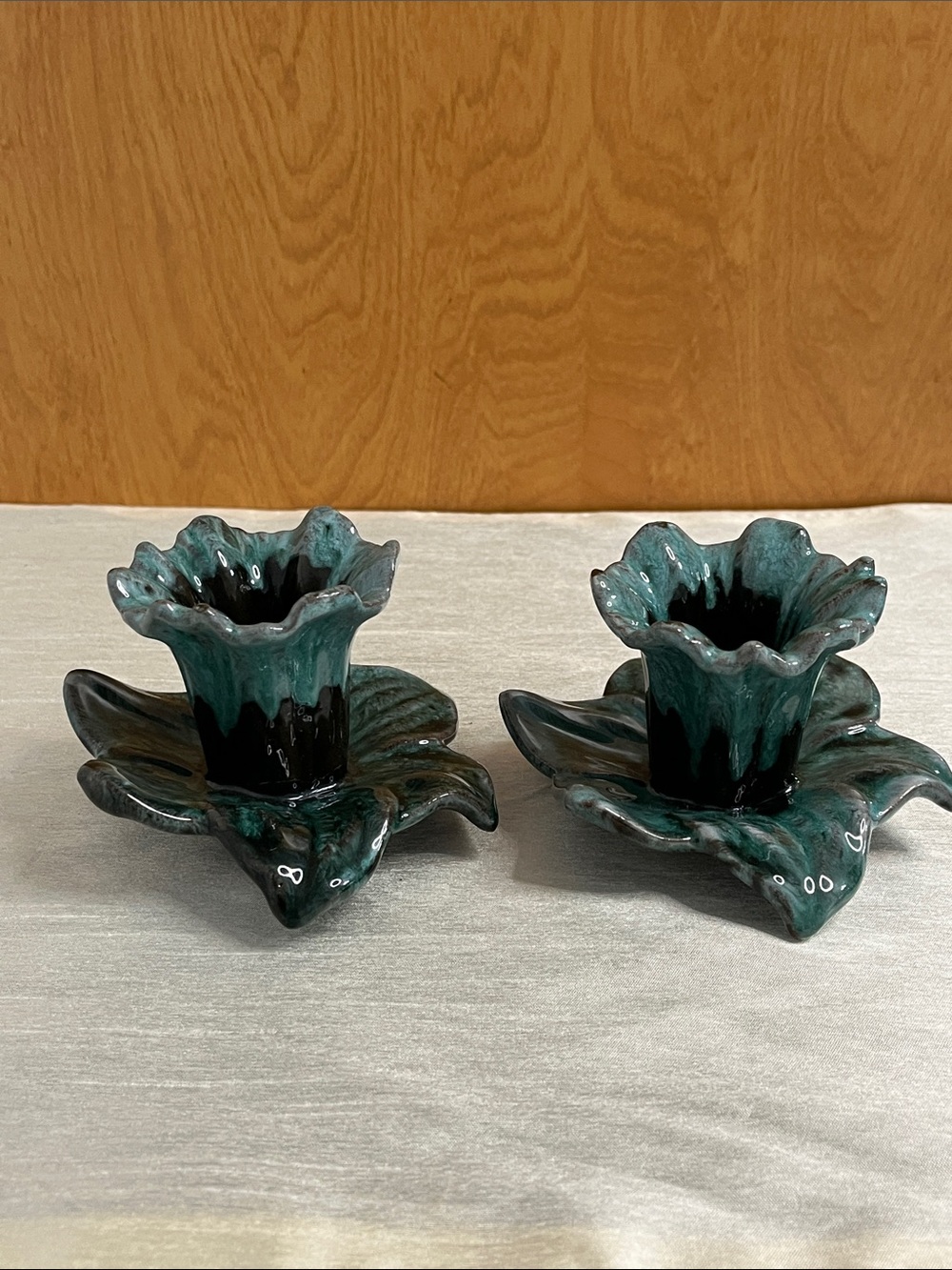Vintage Canuck Pottery Evangeline 970 Drip Glaze Flower Candle Holders Pair of 2
